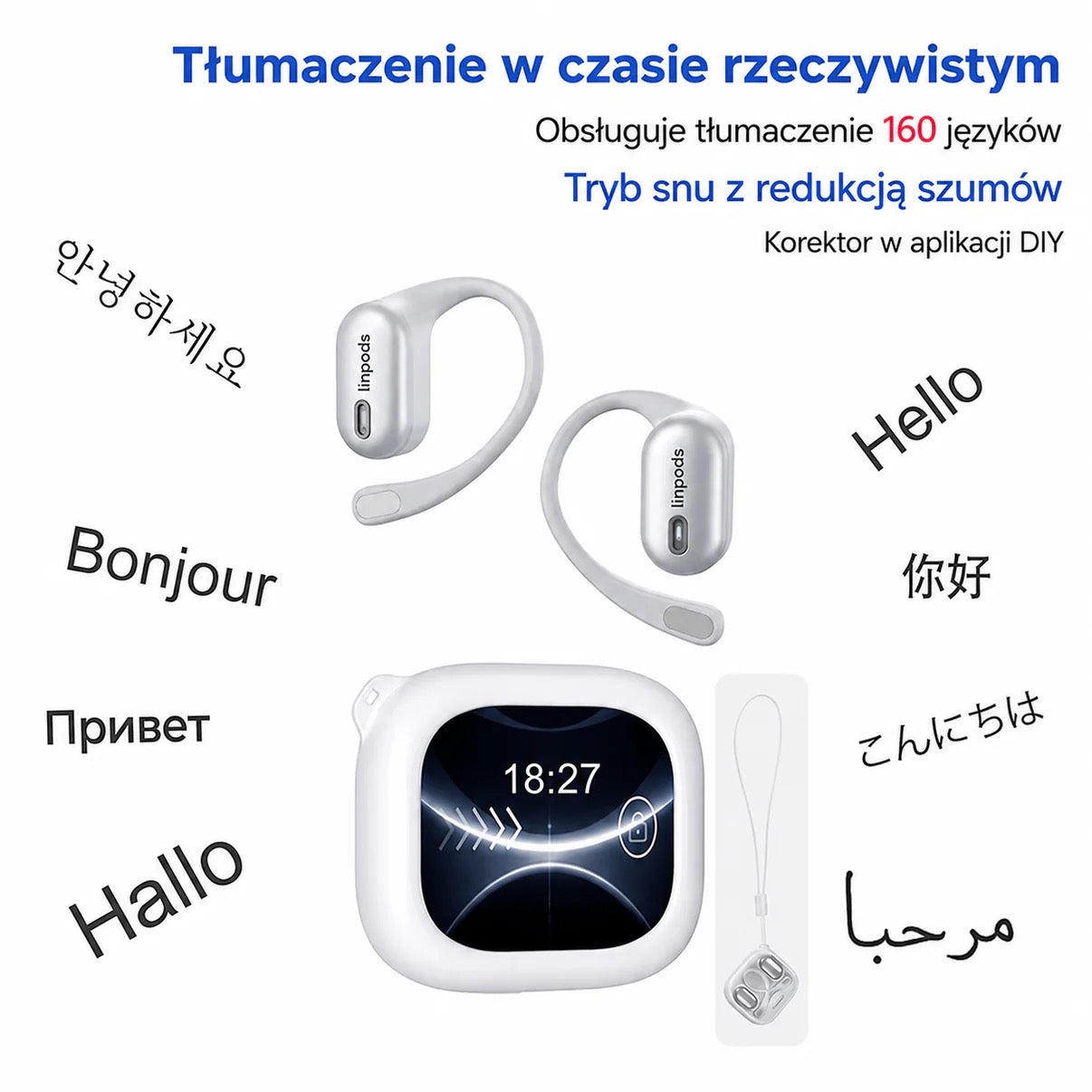 Słuchawki tłumaczące AI z Ekranem